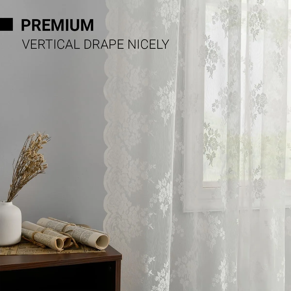 Kotile Ivory Lace Curtains 63 Inch Length - Premium Embroidery Floral Sheer Lace Curtains for Bedroom, Scalloped Trim Country Sheer Window Curtain Panels, 52 x 63 Inch, 2 Panels, Ivory/Cream