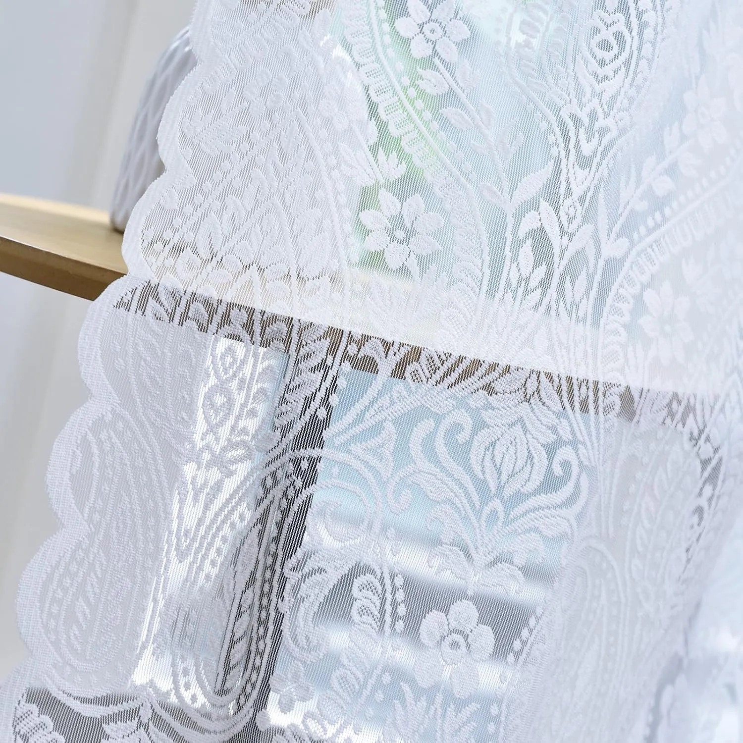 Kotile White Lace Curtains 54 Inch Length, 2 Panels Bohemian Damask Medallion Sheer Curtains for Bedroom, Rod Pocket Privacy Paisley Floral French Country Sheer Lace Curtains, 52 x 54 Inch, White