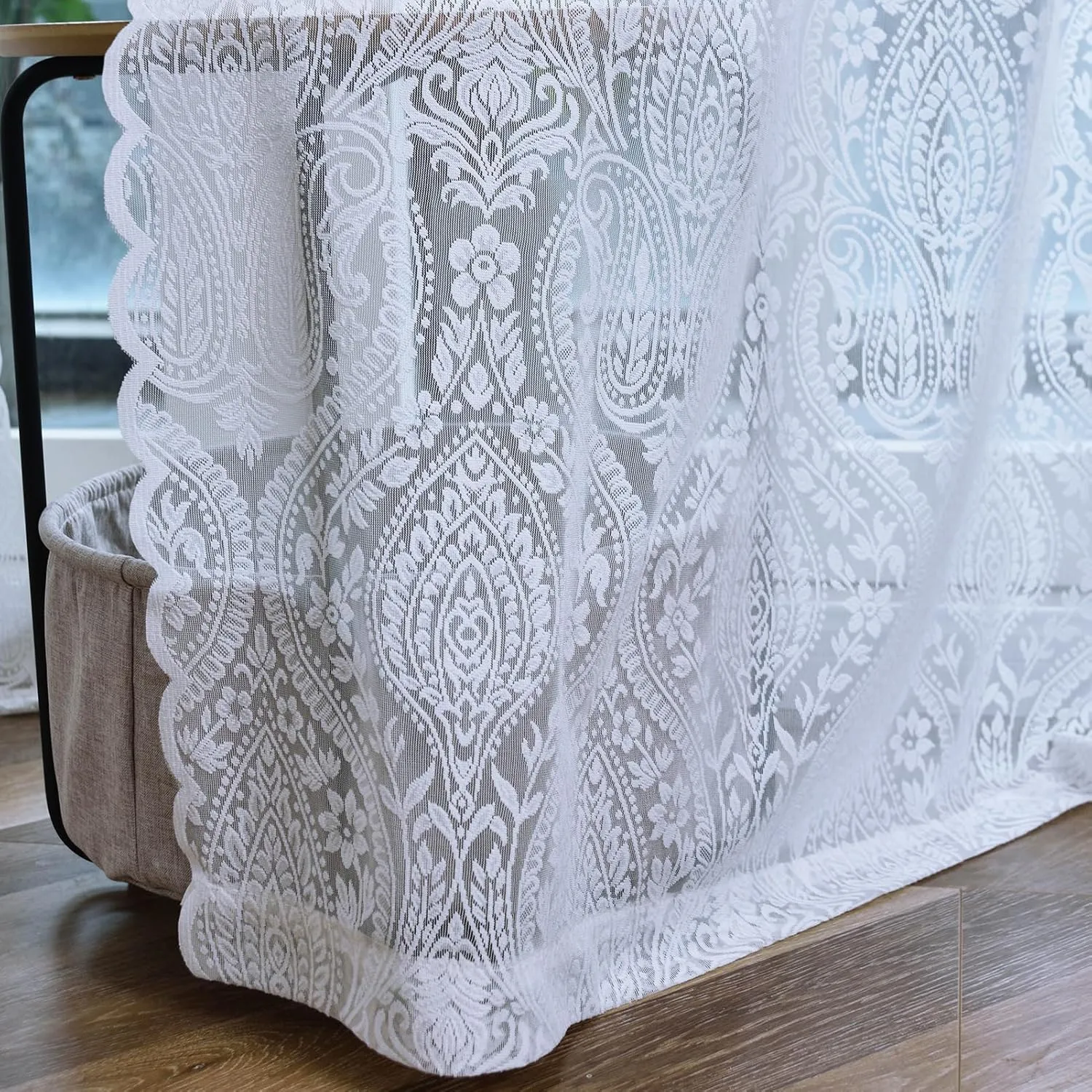 Kotile White Lace Curtains 54 Inch Length, 2 Panels Bohemian Damask Medallion Sheer Curtains for Bedroom, Rod Pocket Privacy Paisley Floral French Country Sheer Lace Curtains, 52 x 54 Inch, White