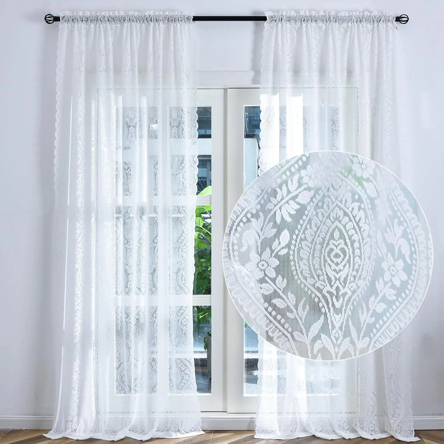 Kotile White Lace Curtains 54 Inch Length, 2 Panels Bohemian Damask Medallion Sheer Curtains for Bedroom, Rod Pocket Privacy Paisley Floral French Country Sheer Lace Curtains, 52 x 54 Inch, White