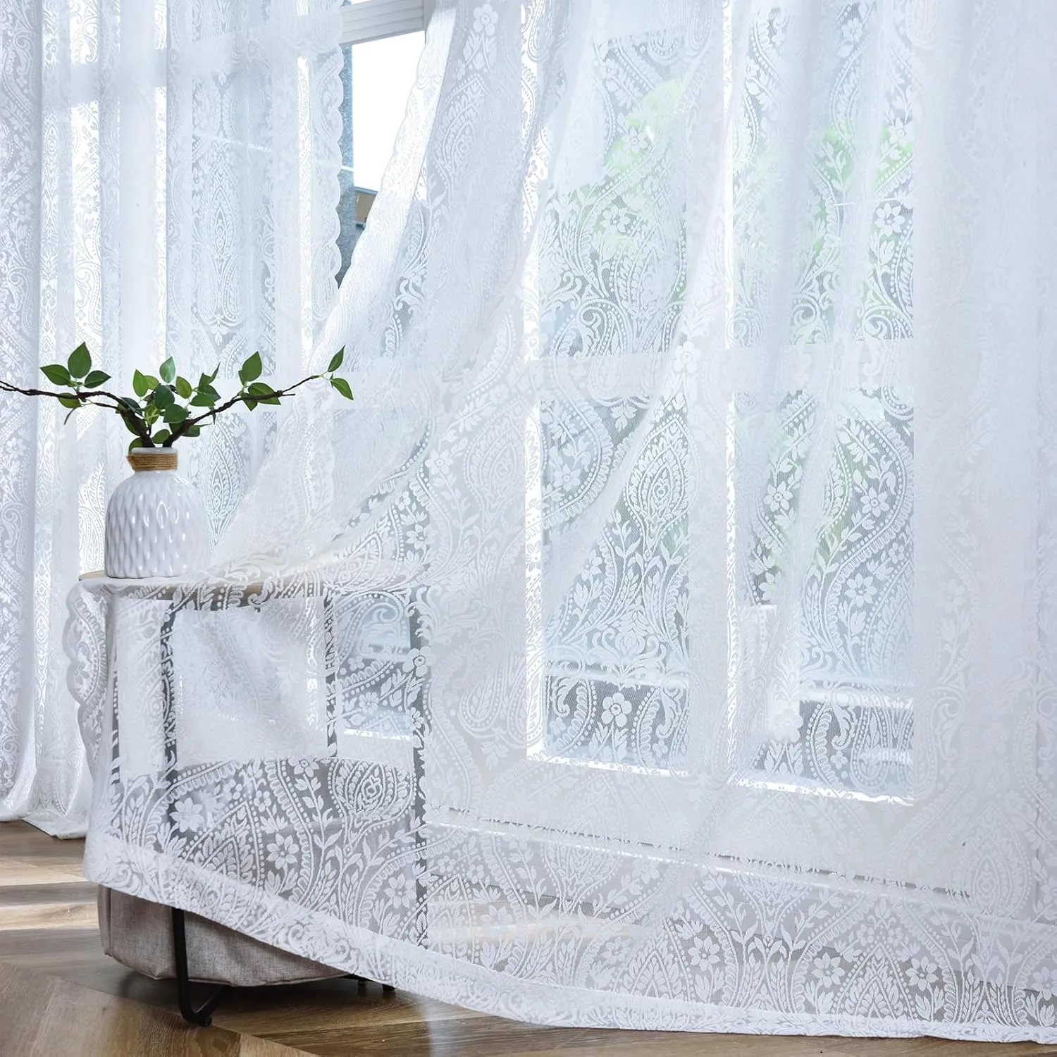 Kotile White Lace Curtains 54 Inch Length, 2 Panels Bohemian Damask Medallion Sheer Curtains for Bedroom, Rod Pocket Privacy Paisley Floral French Country Sheer Lace Curtains, 52 x 54 Inch, White