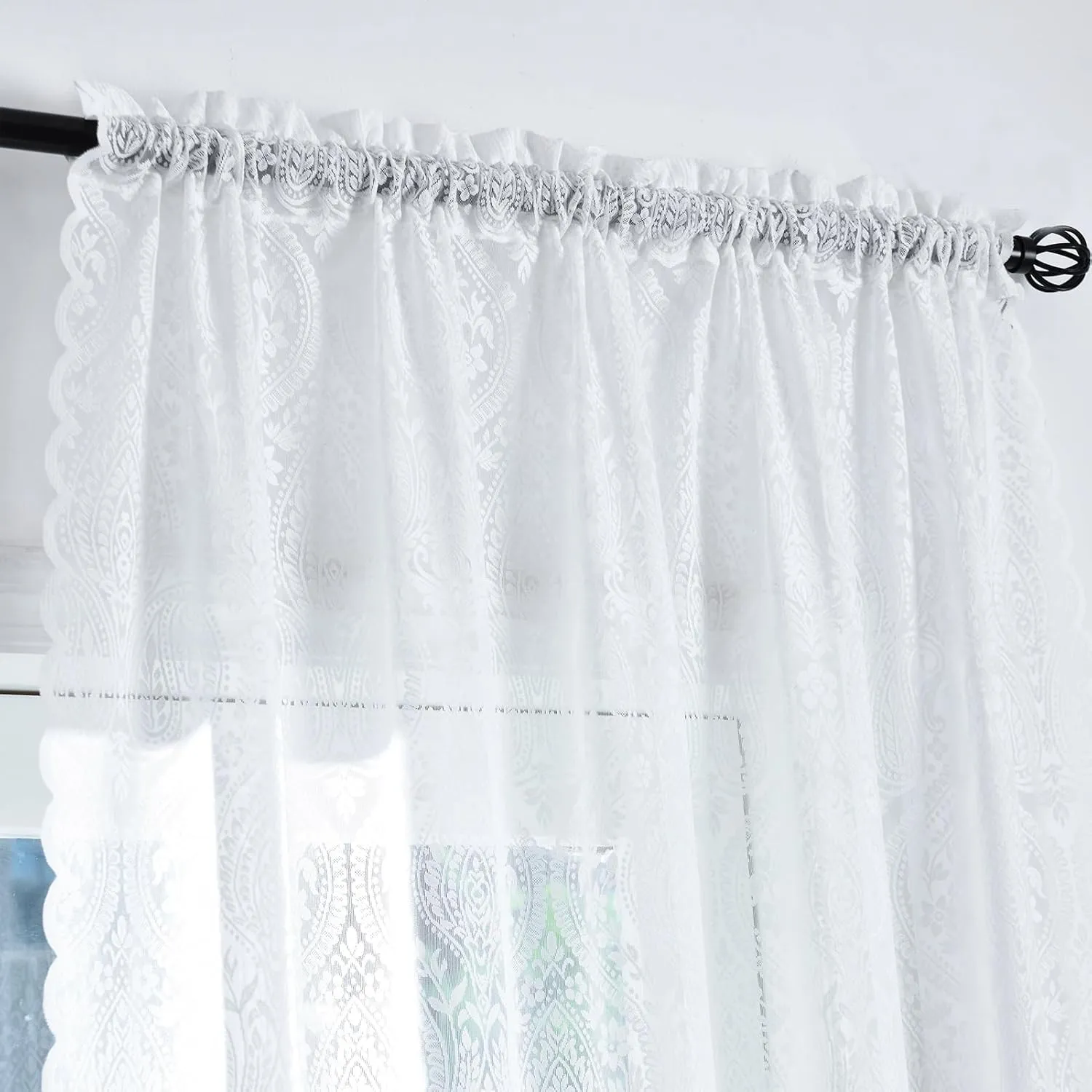 Kotile White Lace Curtains 54 Inch Length, 2 Panels Bohemian Damask Medallion Sheer Curtains for Bedroom, Rod Pocket Privacy Paisley Floral French Country Sheer Lace Curtains, 52 x 54 Inch, White