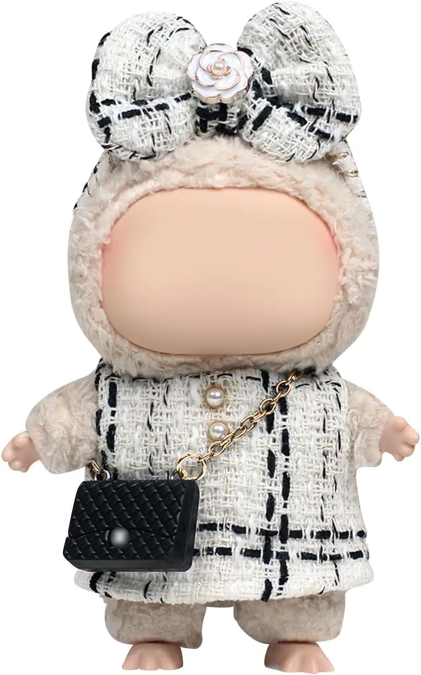 Labubu Clothes – Classic Checkered Chic Set for 17cm Labubu Doll, Featuring a White and Black Checked Dress, Bow Headpiece, and Stylish Black Mini Bag – Doll Not Included