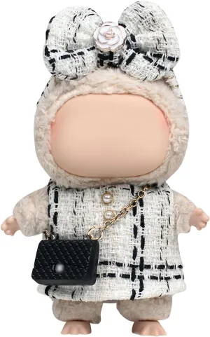 Labubu Clothes – Classic Checkered Chic Set for 17cm Labubu Doll, Featuring a White and Black Checked Dress, Bow Headpiece, and Stylish Black Mini Bag – Doll Not Included