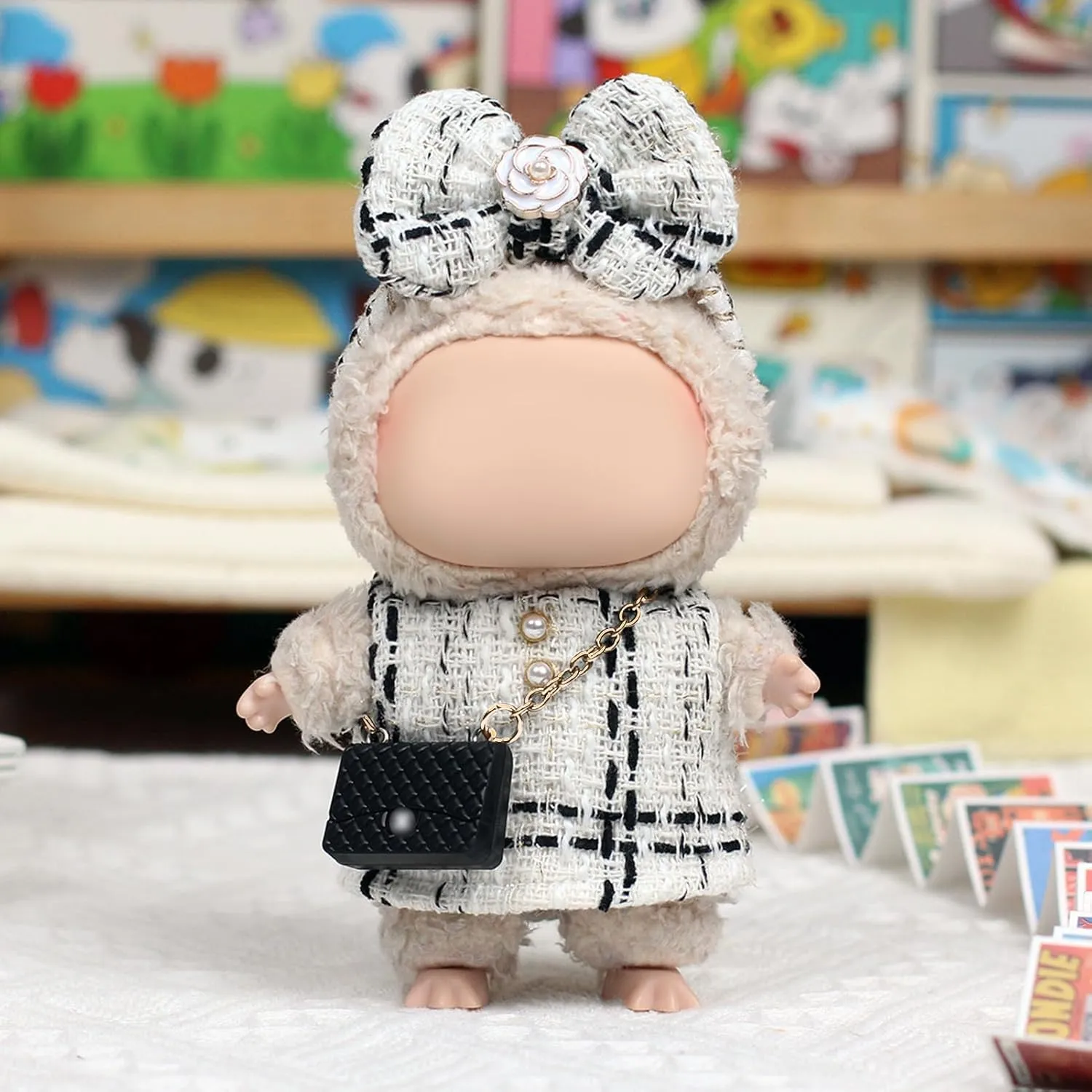 Labubu Clothes – Classic Checkered Chic Set for 17cm Labubu Doll, Featuring a White and Black Checked Dress, Bow Headpiece, and Stylish Black Mini Bag – Doll Not Included