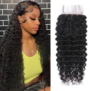 Lace Closure Human Hair Deep Wave 4x4 Lace Closure Free Part Lace Front Closure 12A Brazilian Virgin Human Hair for Black Women Natural Black Color 12 Inch