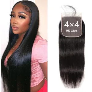Lace Closure Human Hair Extensions 4x4 Straight HD Lace Closure 12A Brazilian Virgin Human Hair Frontal Free Part Closure Natural Black Color 14 Inch