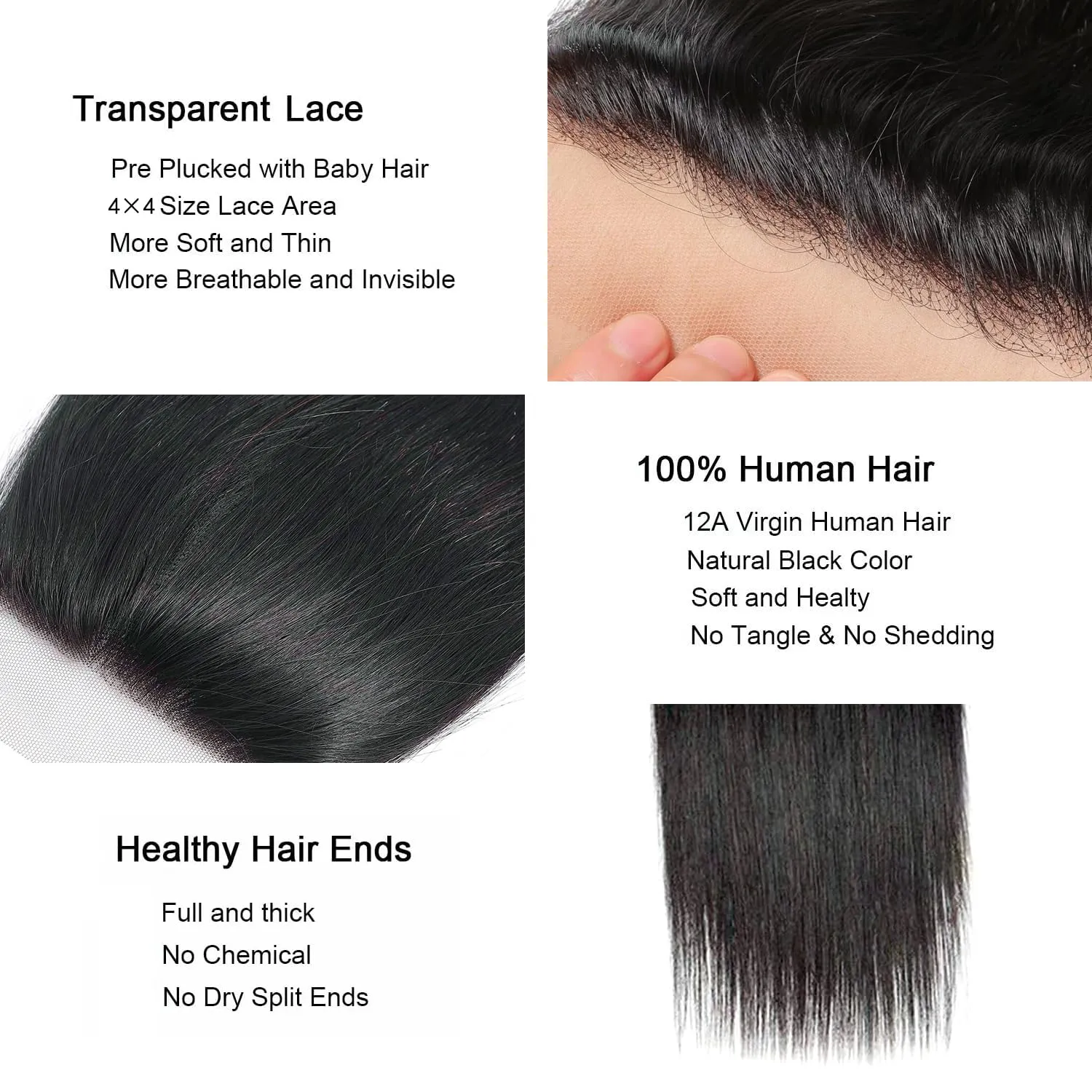 Lace Closure Human Hair Extensions 4x4 Straight HD Lace Closure 12A Brazilian Virgin Human Hair Frontal Free Part Closure Natural Black Color 14 Inch