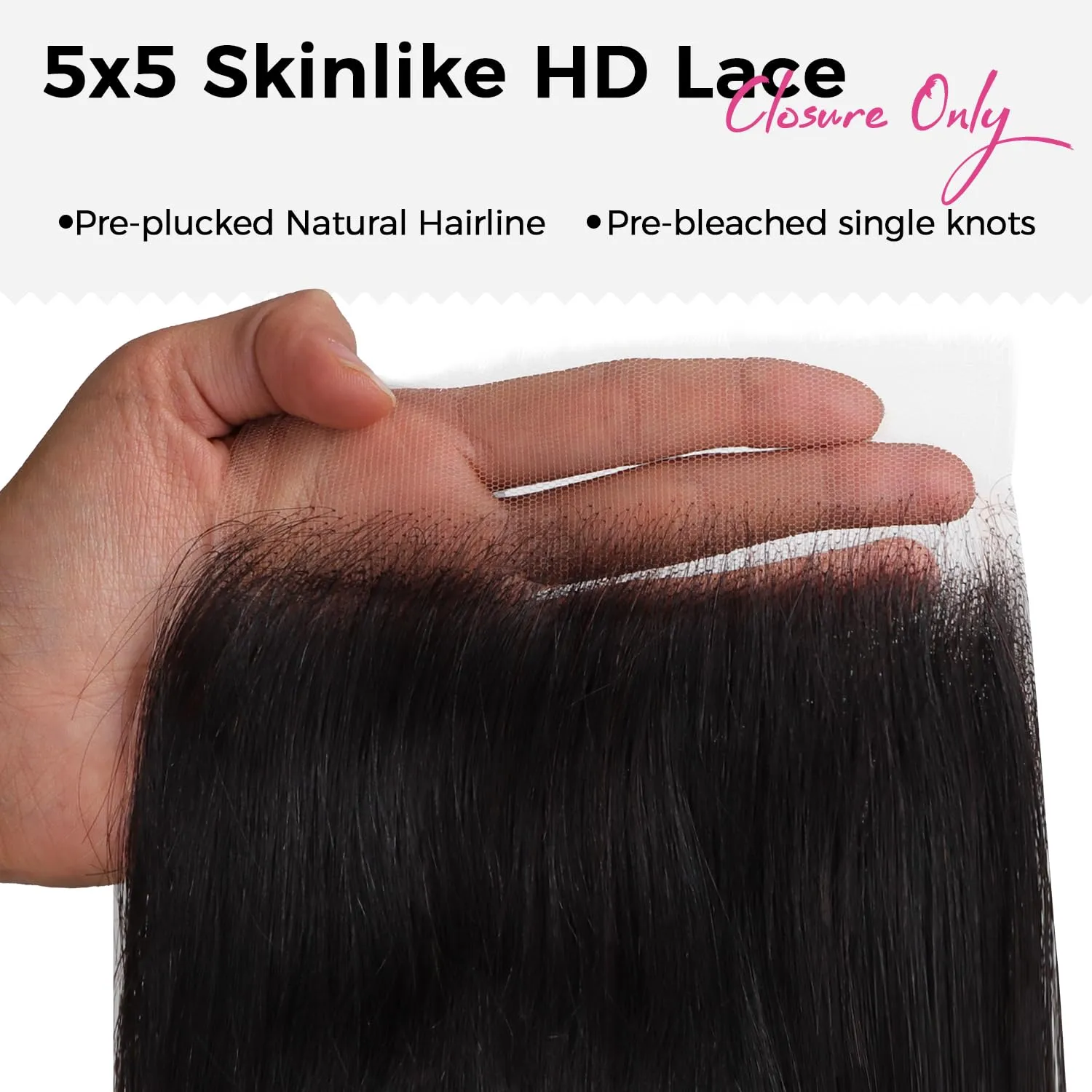Lashey 5x5 HD Lace Closure, Natural Black HD Closure Pre Bleached Knots Pre Plucked Hairline Straight Human Hair 12 Inch