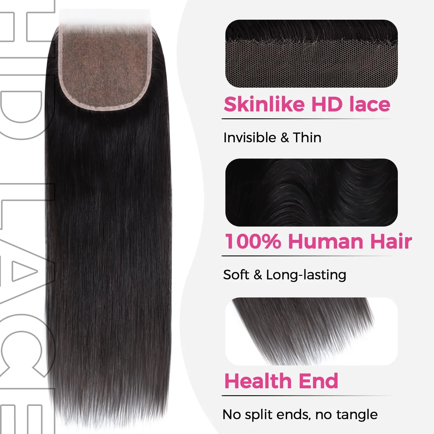 Lashey 5x5 HD Lace Closure, Natural Black HD Closure Pre Bleached Knots Pre Plucked Hairline Straight Human Hair 12 Inch