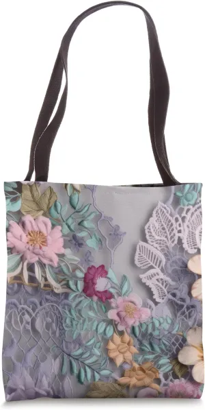 Lavender Pink Floral Seafoam Baby Blue and White Flower Lace Tote Bag