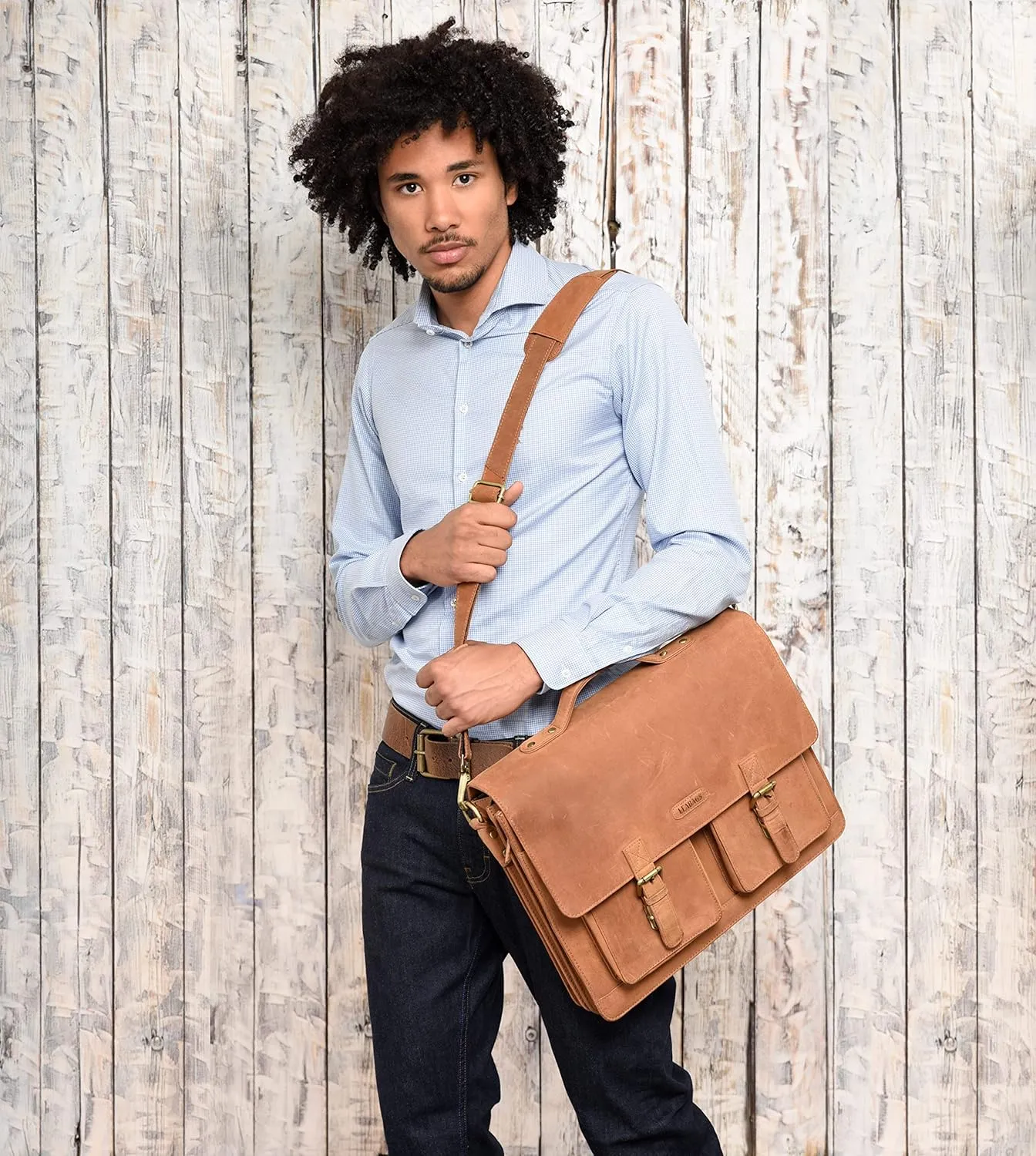 LEABAGS Leather Messenger Bag for Men - Genuine Buffalo Leather Miami Laptop 15" - Handbag Shoulder Bag Vintage Office bag