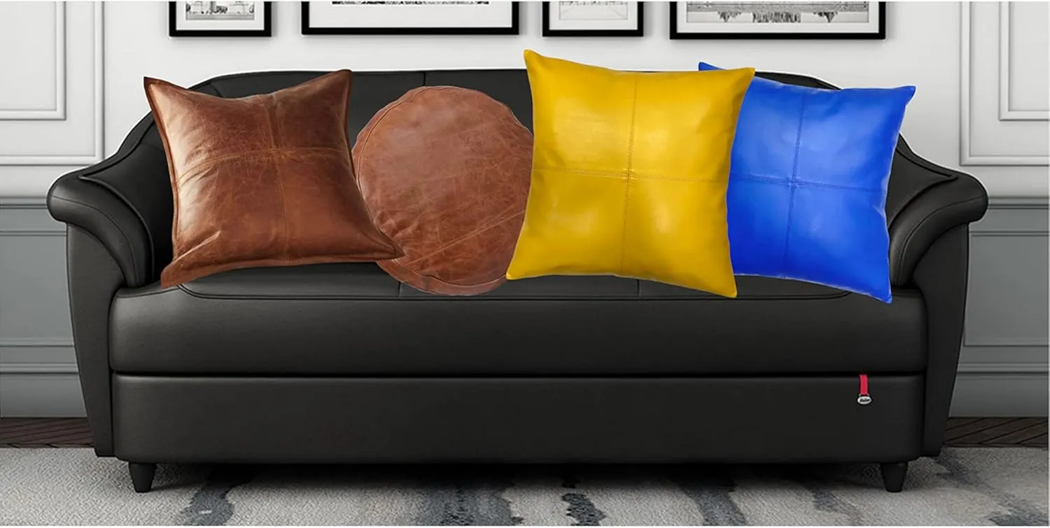 LEATHER FARM Round Leather Pillow Cover for Couch Throw Pillow Case/Leather Cushion Cover(Tan Round 16)