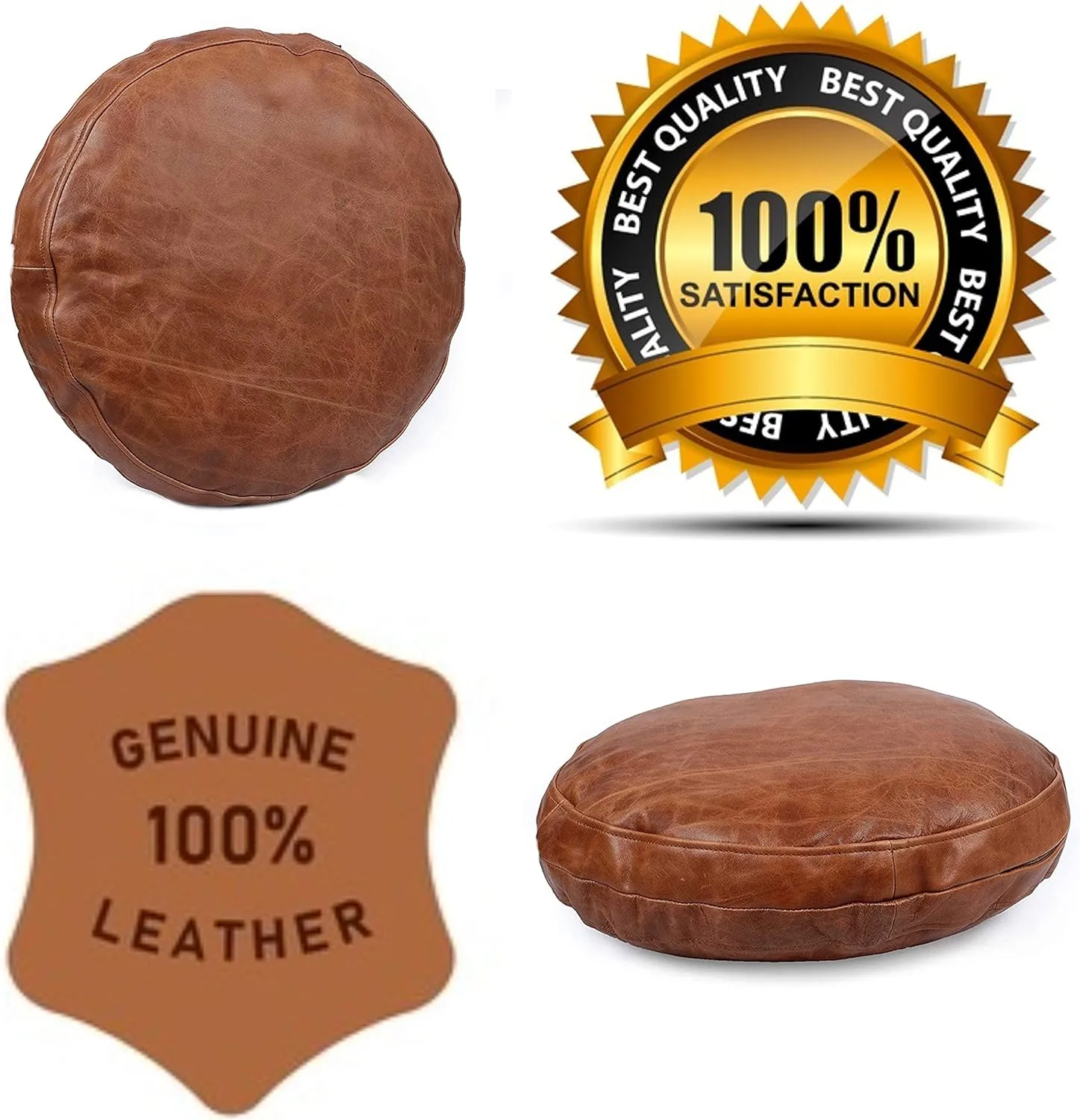 LEATHER FARM Round Leather Pillow Cover for Couch Throw Pillow Case/Leather Cushion Cover(Tan Round 16)