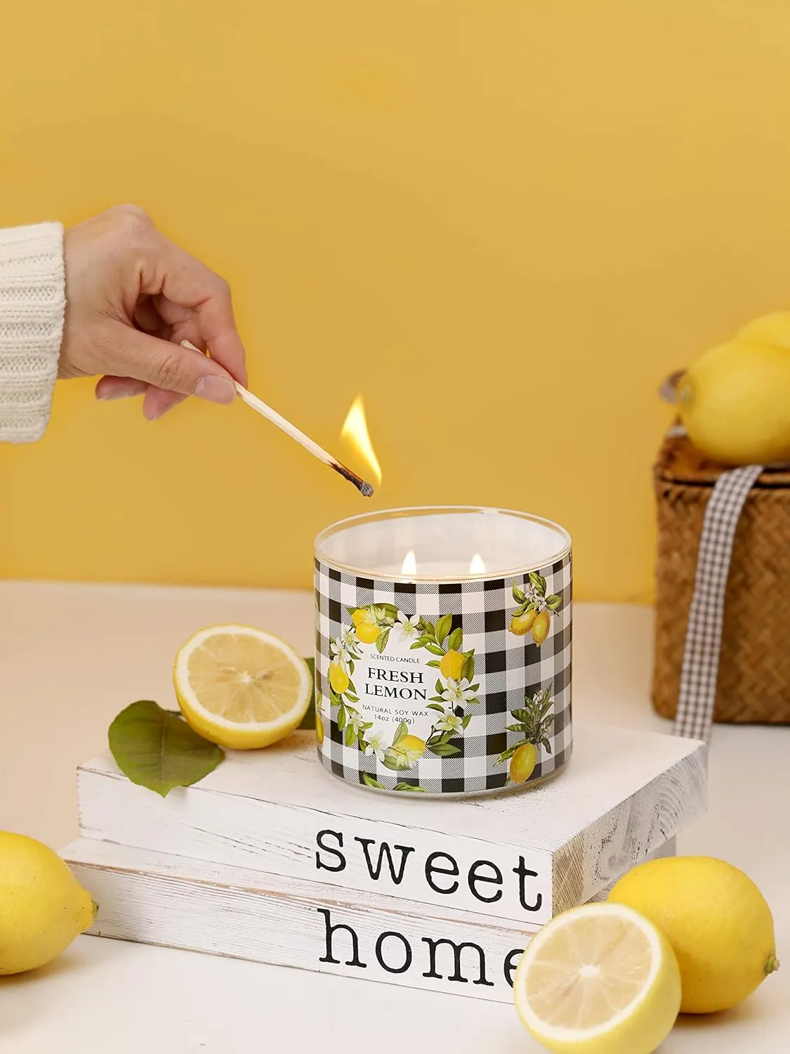 Lemon Candle, Fresh Lemon Scented Candle, Large 3 Wicks Candle, 14 oz