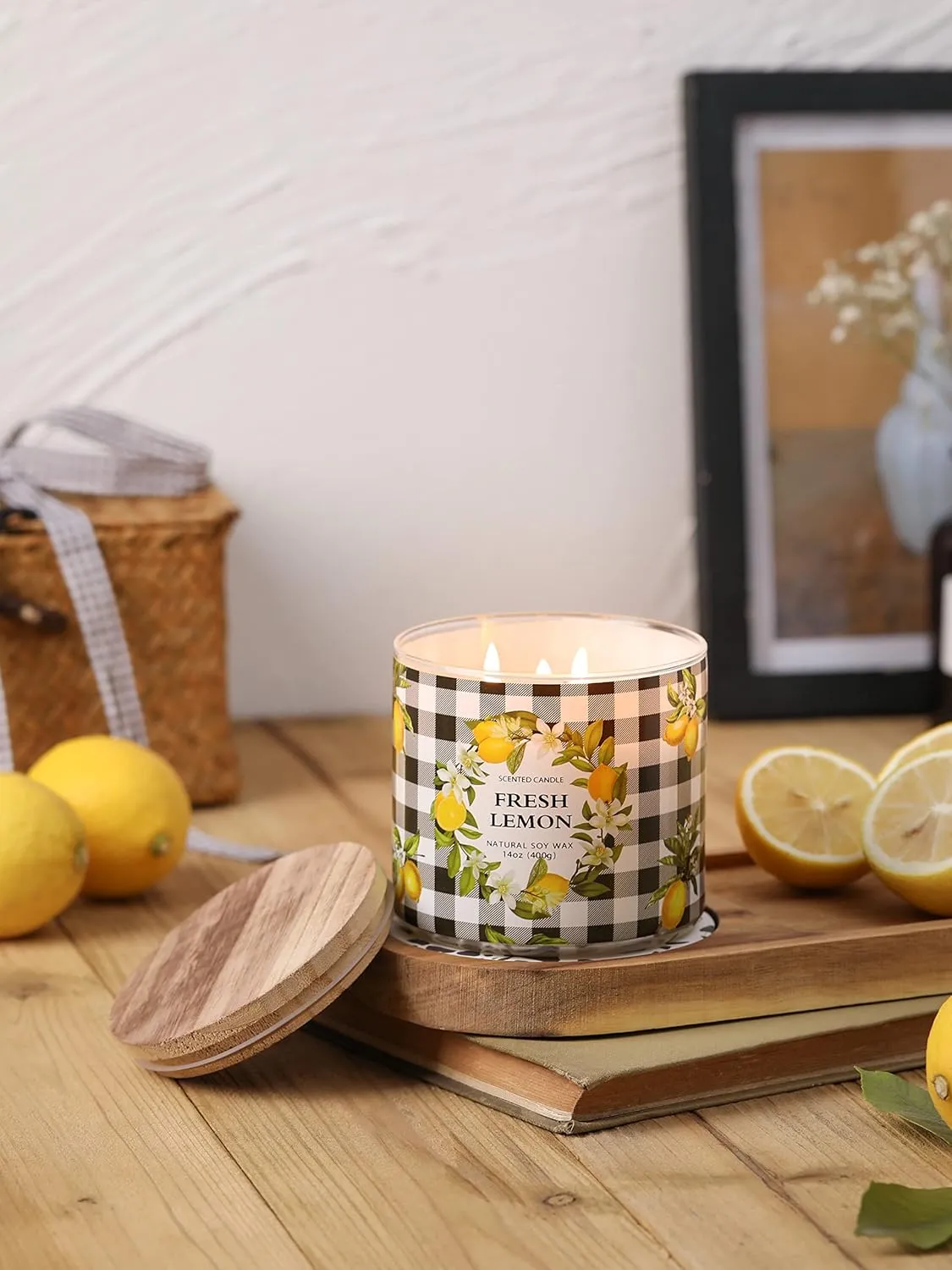 Lemon Candle, Fresh Lemon Scented Candle, Large 3 Wicks Candle, 14 oz