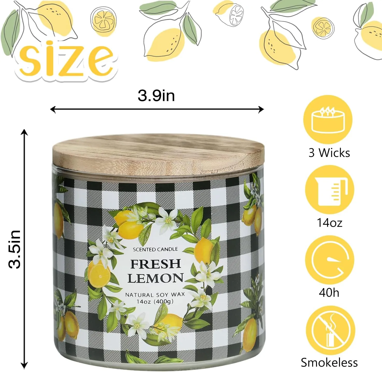 Lemon Candle, Fresh Lemon Scented Candle, Large 3 Wicks Candle, 14 oz