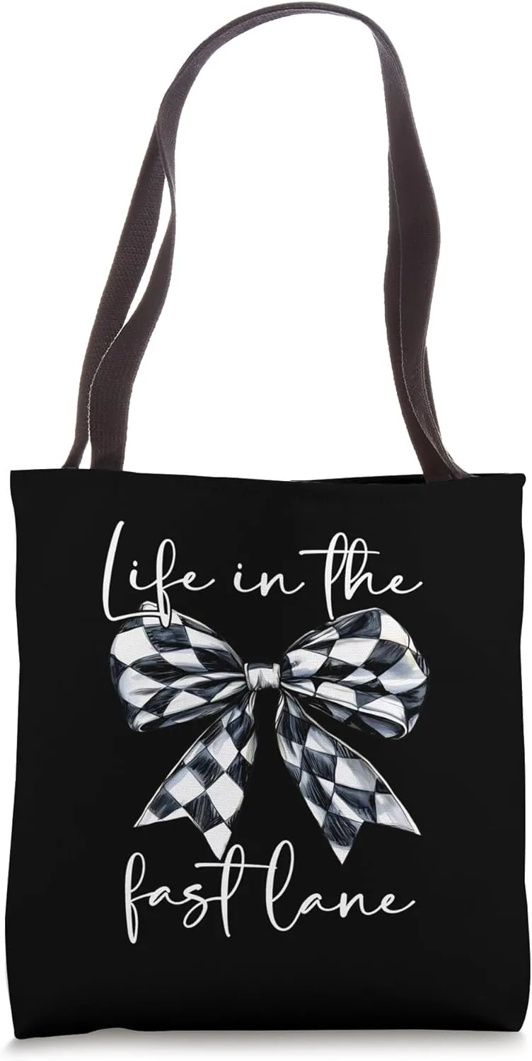 Life In The Fast Lane Checkered Flag Coquette Bow Racing Tote Bag