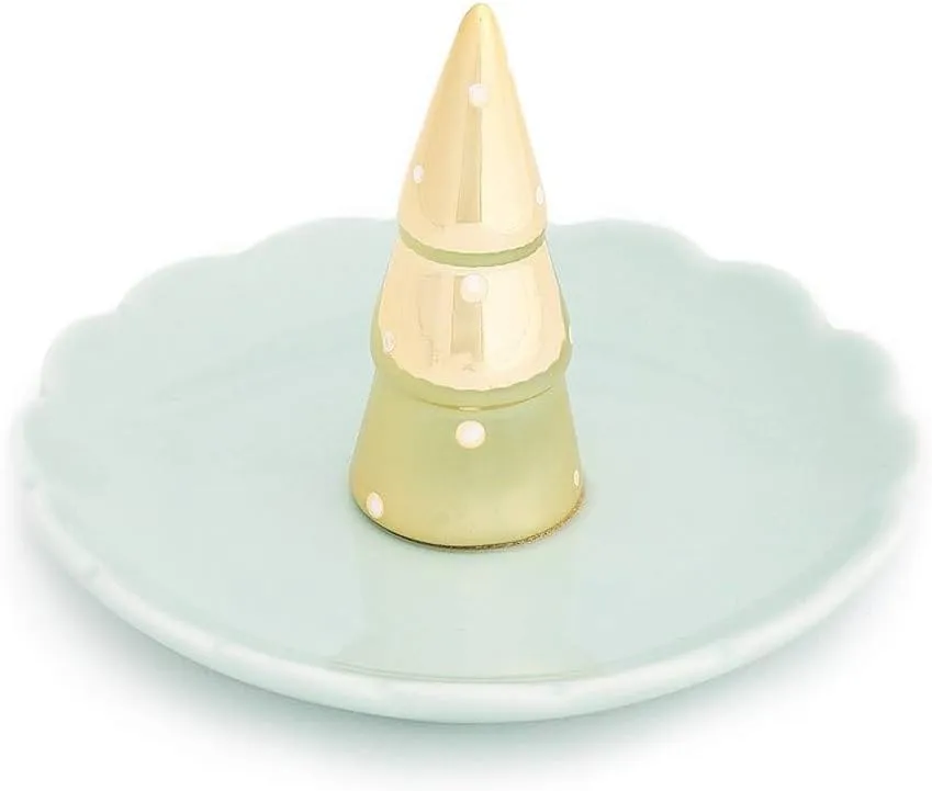 Light Seafoam Green Porcelain and Gold Colored Christmas Tree Design Jewelry and Trinket Tray