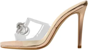 LISHAN Women's Clear High Heels Rhinestones Studded Bowknot Slipper