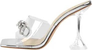 LISHAN Women's Clear High Heels Rhinestones Studded Bowknot Slipper