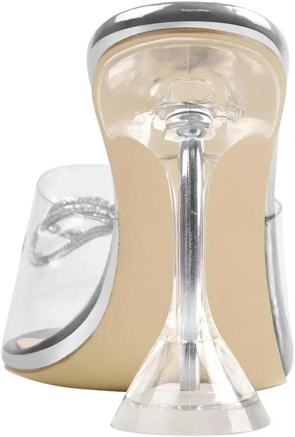 LISHAN Women's Clear High Heels Rhinestones Studded Bowknot Slipper