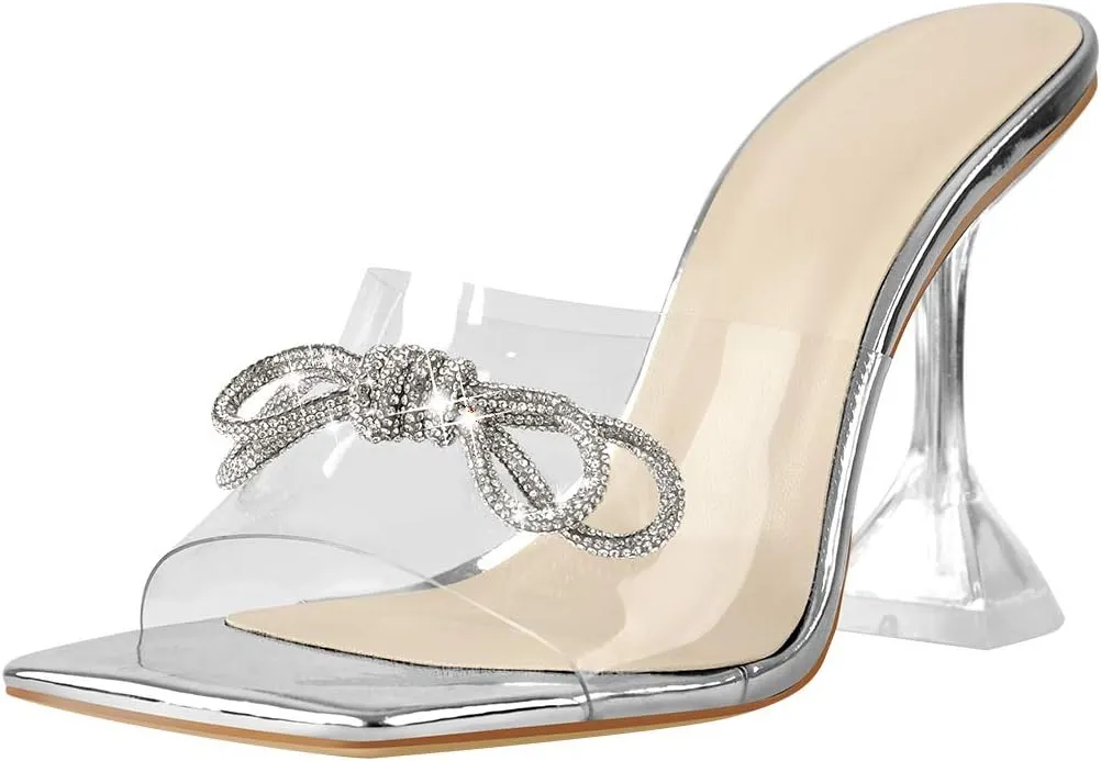 LISHAN Women's Clear High Heels Rhinestones Studded Bowknot Slipper