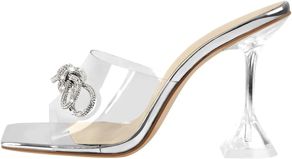LISHAN Women's Clear High Heels Rhinestones Studded Bowknot Slipper