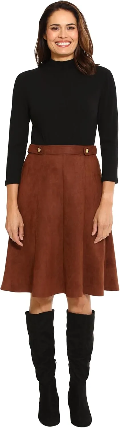 London Times Women's Crepe Fit and Flare Midi with Waist Button Detail