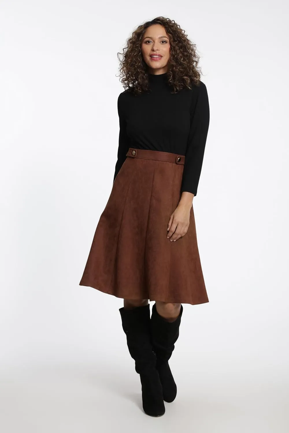 London Times Women's Crepe Fit and Flare Midi with Waist Button Detail