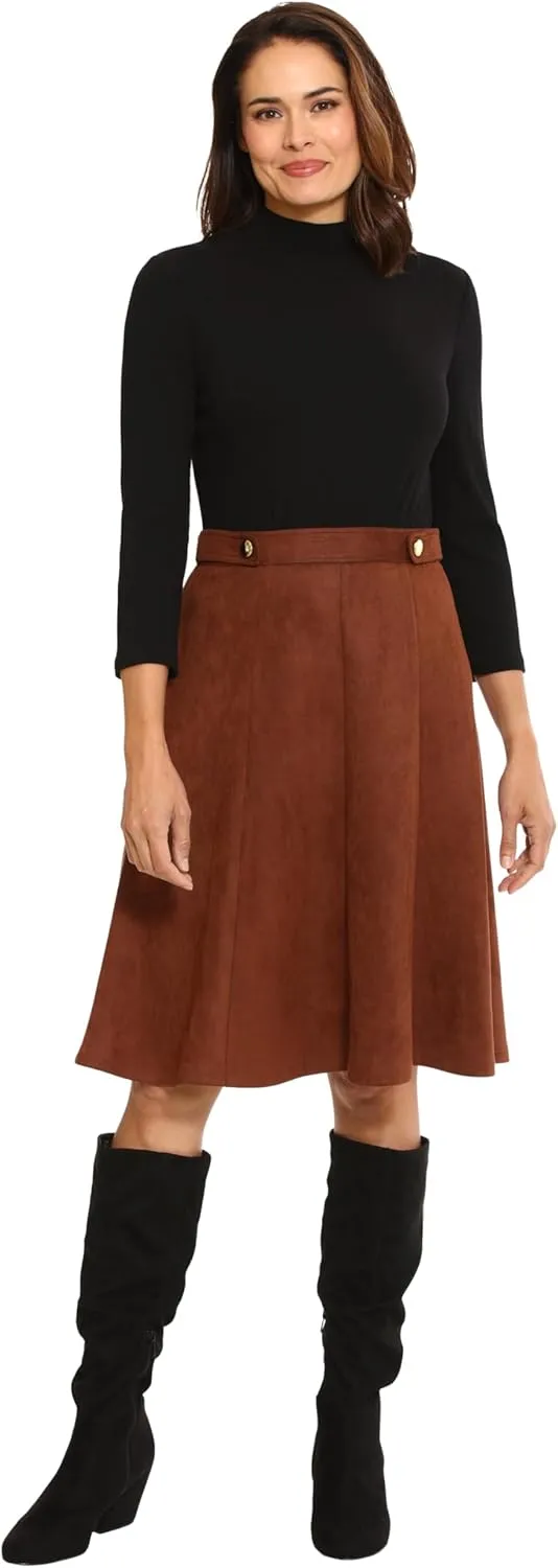 London Times Women's Crepe Fit and Flare Midi with Waist Button Detail