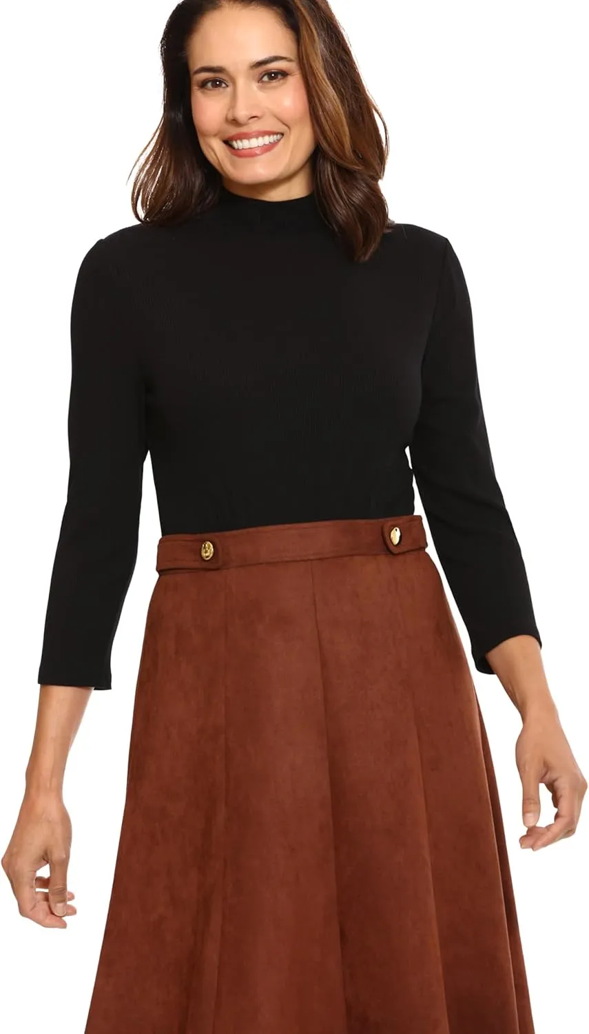 London Times Women's Crepe Fit and Flare Midi with Waist Button Detail