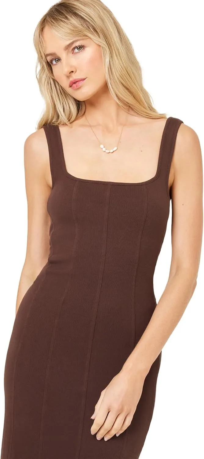 L*Space Vivienne Dress for Women, Fitted Ribbed Midi with Shelf Bra, Scoop Neck, Low Back & Leg Slit, Long Sleeveless Dress