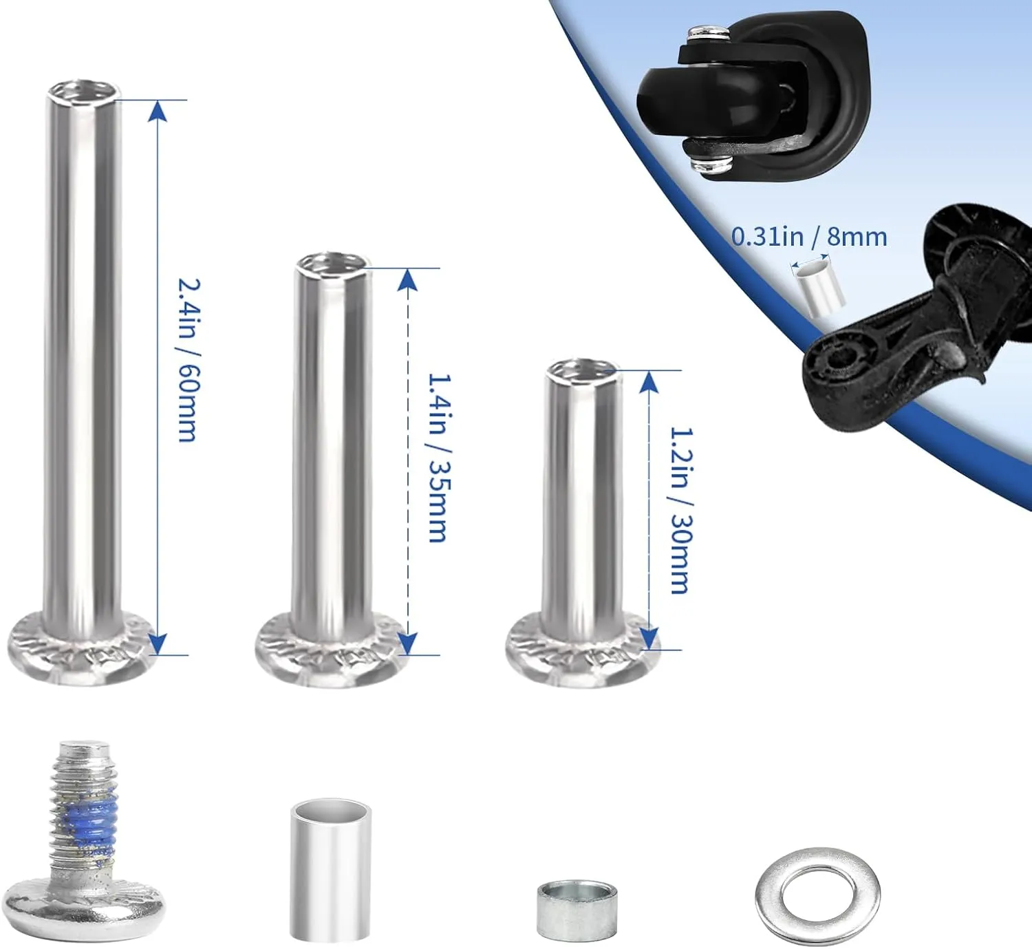 Luggage Wheels Replacement Kit 4PC Diameter 1.6in/40mm Thick 0.7in/17mm PU Wheels with Ball Bearing 3 Size Axles Full Set Repair Tool for Suitcase Trolley Bag Draw-bar Travel Box