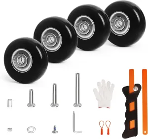 Luggage Wheels Replacement Kit 4PC Diameter 1.6in/40mm Thick 0.7in/17mm PU Wheels with Ball Bearing 3 Size Axles Full Set Repair Tool for Suitcase Trolley Bag Draw-bar Travel Box