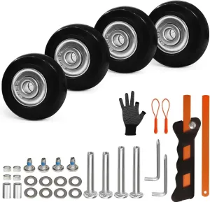 Luggage Wheels Replacement Kit 4PC Diameter 2in/50mm Thick 0.7in/18mm PU Wheels with Ball Bearing 3 Size Axles Full Set Repair Tool for Suitcase Trolley Bag Draw-bar Travel Box