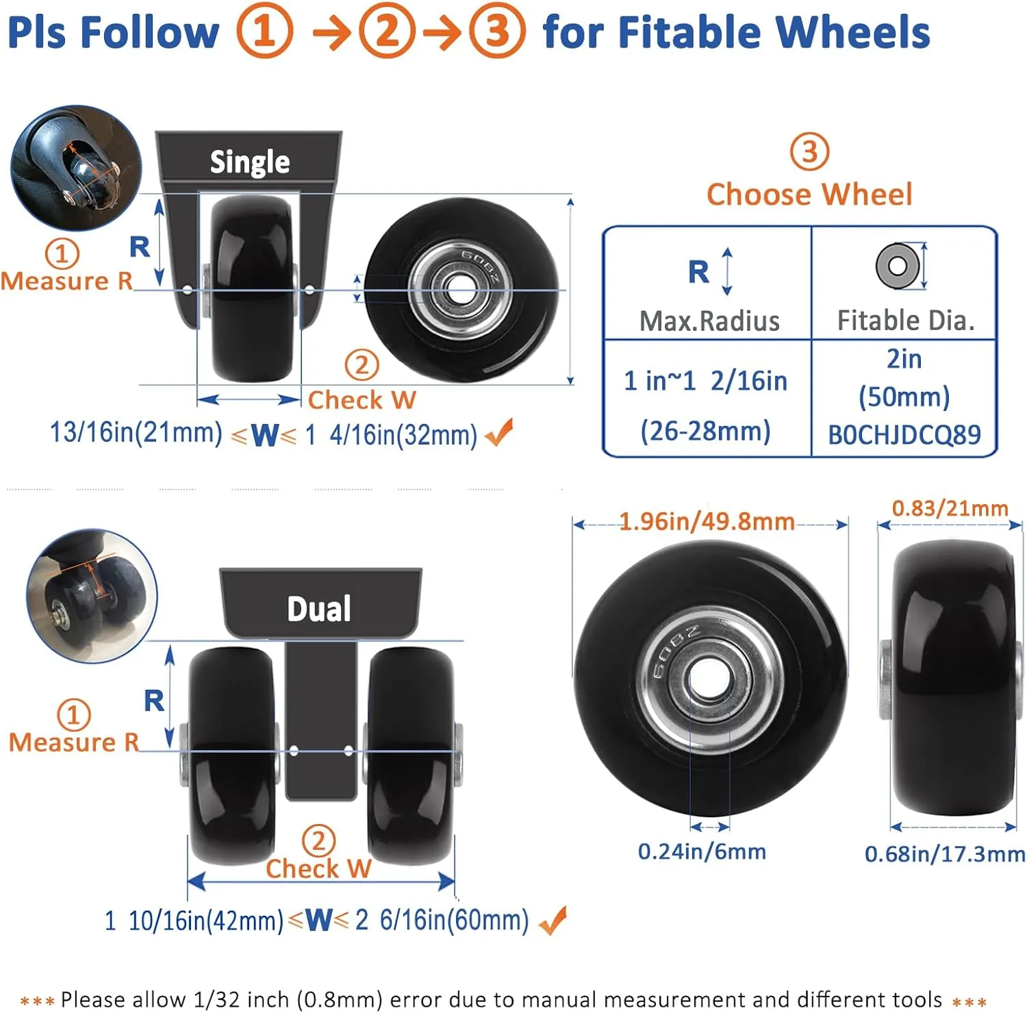 Luggage Wheels Replacement Kit 4PC Diameter 2in/50mm Thick 0.7in/18mm PU Wheels with Ball Bearing 3 Size Axles Full Set Repair Tool for Suitcase Trolley Bag Draw-bar Travel Box