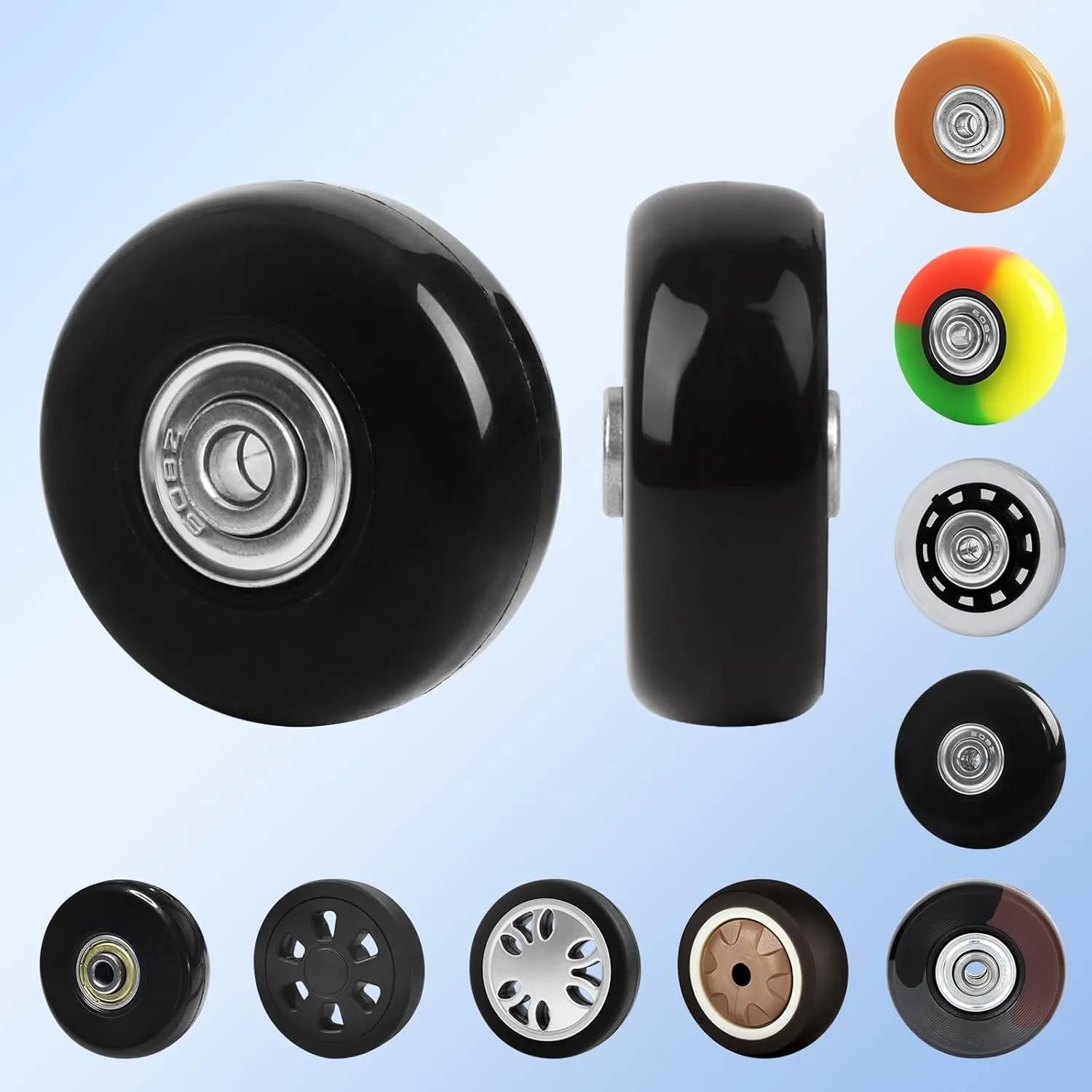 Luggage Wheels Replacement Kit 4PC Diameter 2in/50mm Thick 0.7in/18mm PU Wheels with Ball Bearing 3 Size Axles Full Set Repair Tool for Suitcase Trolley Bag Draw-bar Travel Box