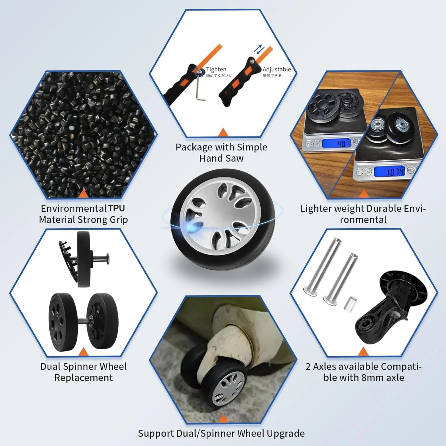 Luggage Wheels Replacement Set 8PCS 2inch TPU Rubber Wheel Convenient Upgrade Sets Smooth Silent for Suitcase Spinner Trolley Bag Drawbar Travel Box Caster Repair