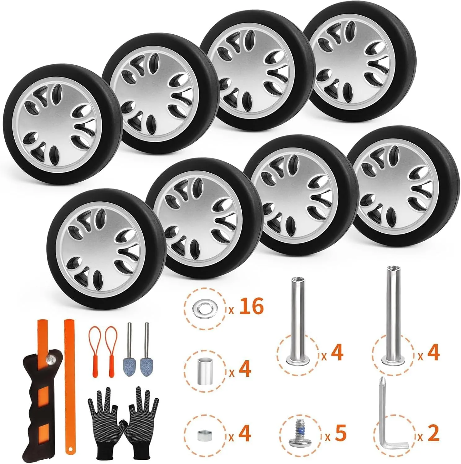 Luggage Wheels Replacement Set 8PCS 2inch TPU Rubber Wheel Convenient Upgrade Sets Smooth Silent for Suitcase Spinner Trolley Bag Drawbar Travel Box Caster Repair