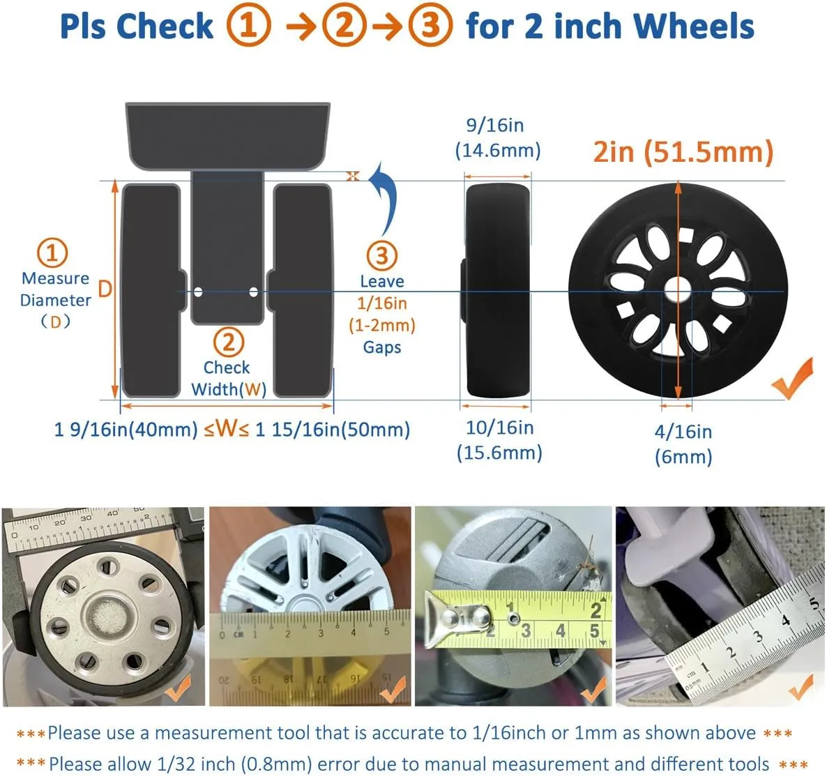 Luggage Wheels Replacement Set 8PCS 2inch TPU Rubber Wheel Convenient Upgrade Sets Smooth Silent for Suitcase Spinner Trolley Bag Drawbar Travel Box Caster Repair