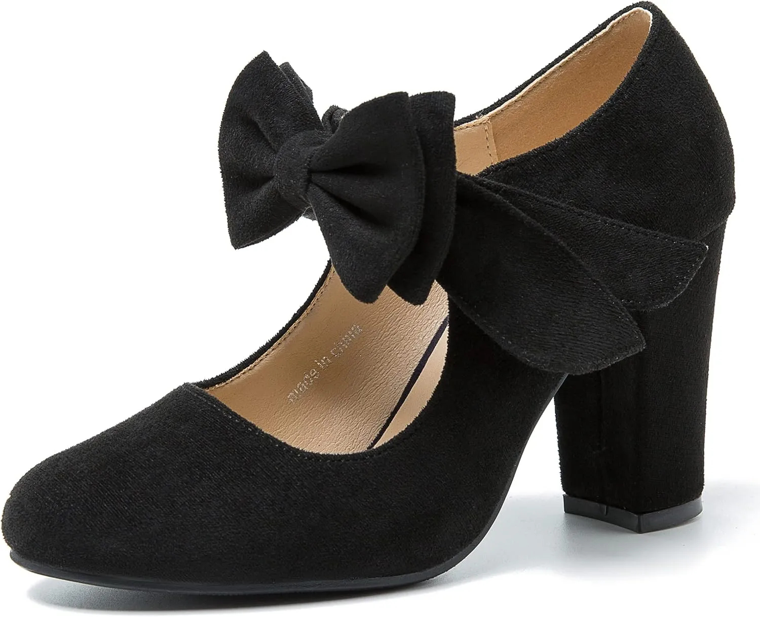 MAIERNISI JESSI Women's Bowknot Mary Jane Block Heel Round Pumps Closed Toe Dress Shoes