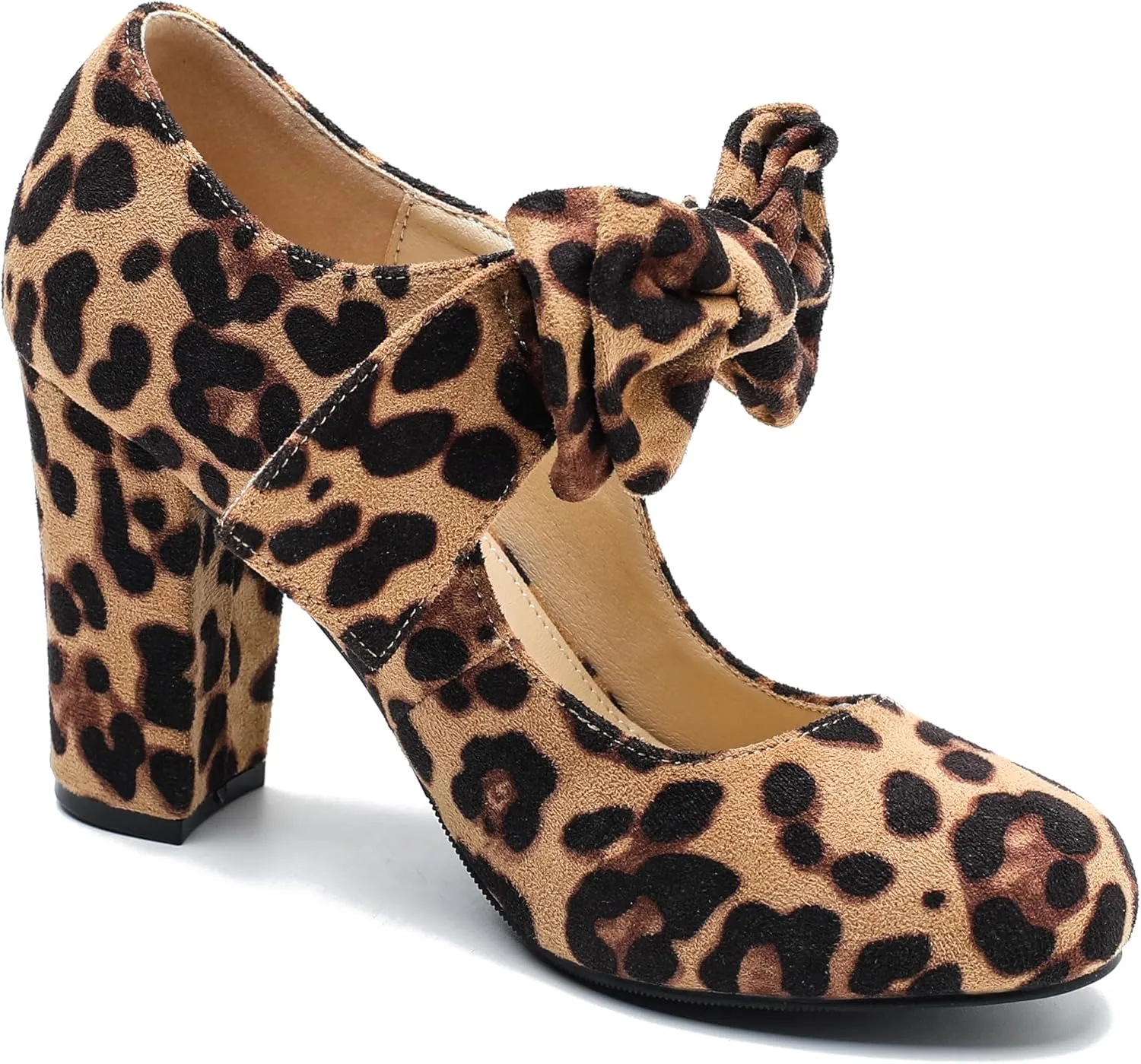 MAIERNISI JESSI Women's Bowknot Mary Jane Block Heel Round Pumps Closed Toe Dress Shoes
