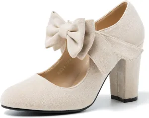 MAIERNISI JESSI Women's Bowknot Mary Jane Block Heel Round Pumps Closed Toe Dress Shoes
