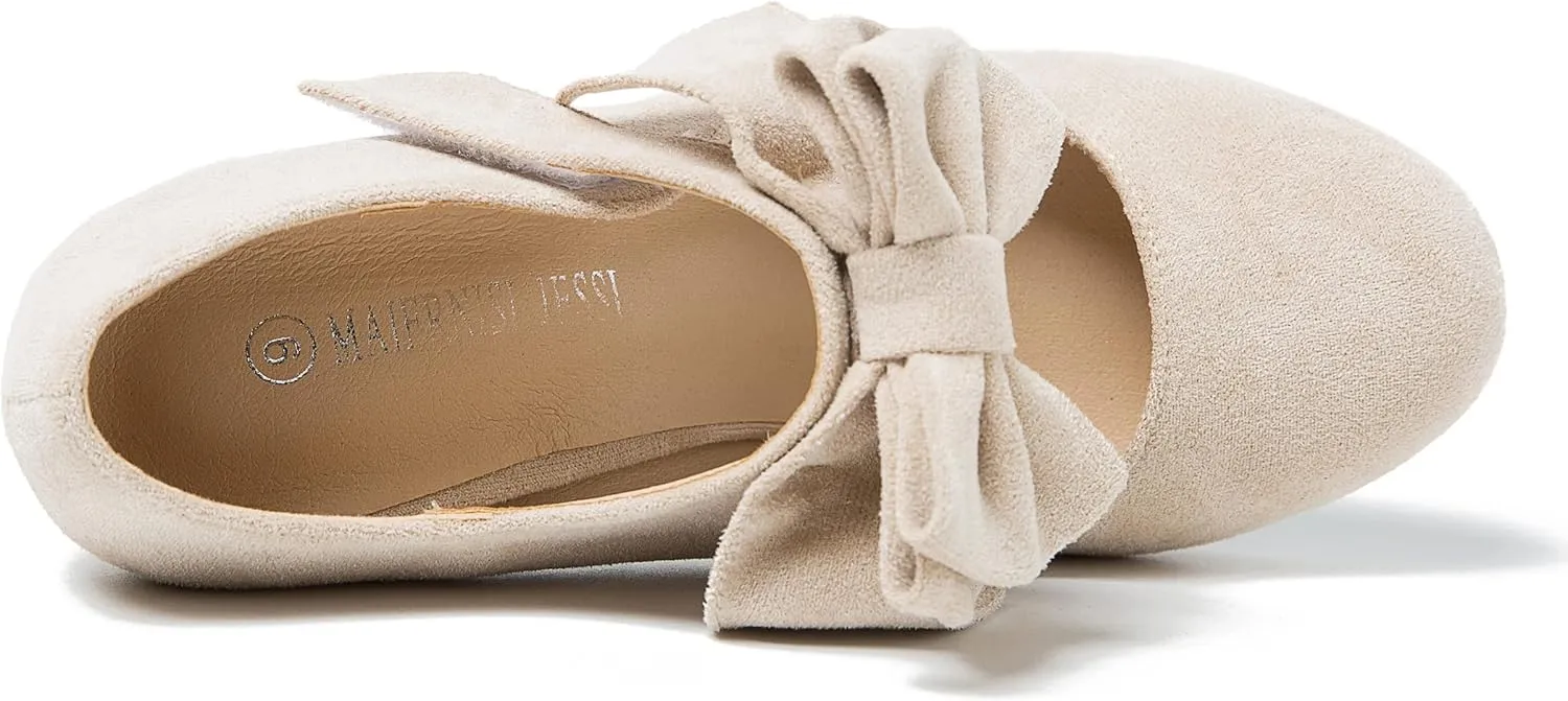 MAIERNISI JESSI Women's Bowknot Mary Jane Block Heel Round Pumps Closed Toe Dress Shoes