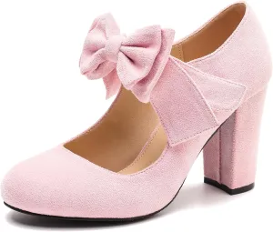 MAIERNISI JESSI Women's Bowknot Mary Jane Block Heel Round Pumps Closed Toe Dress Shoes