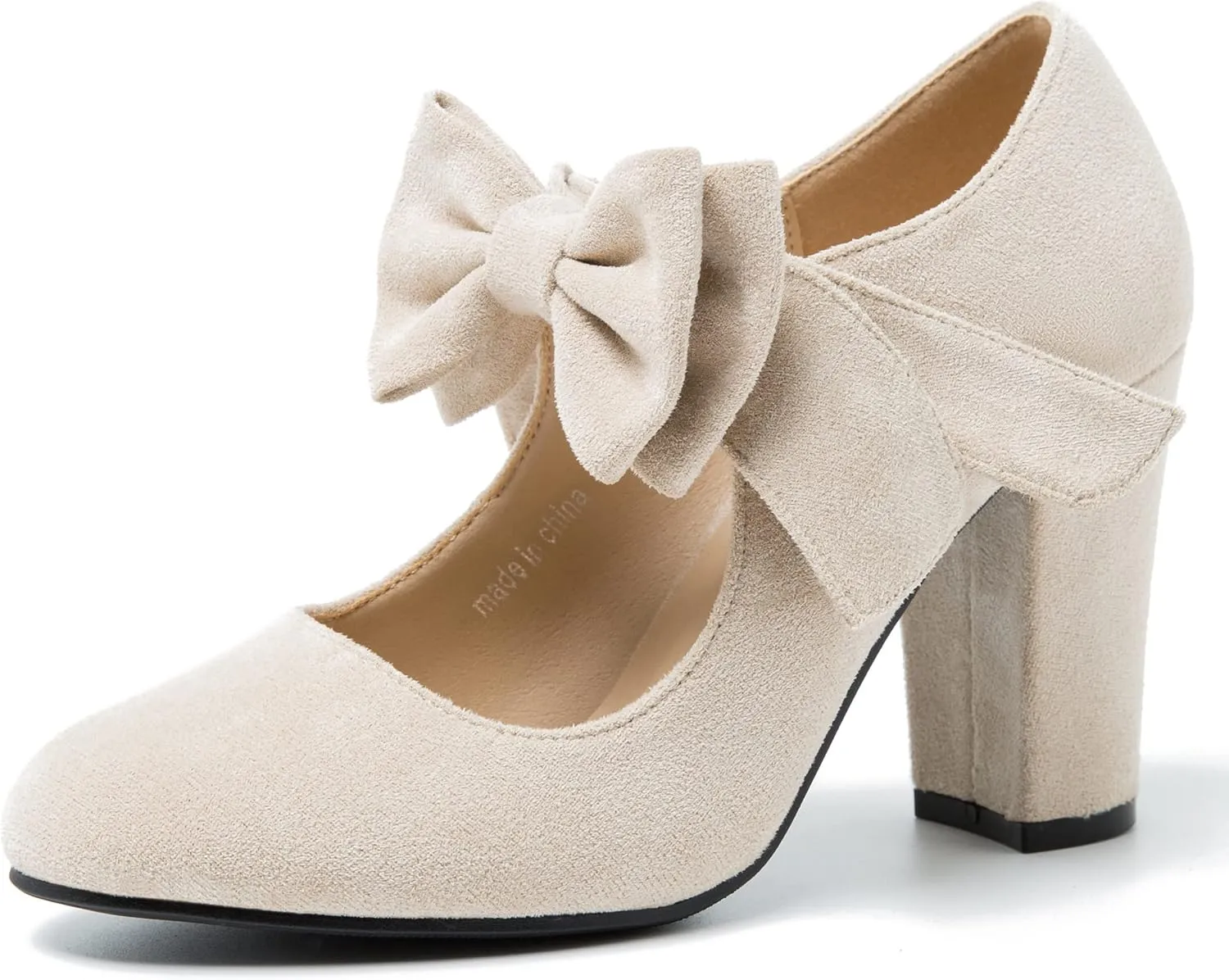 MAIERNISI JESSI Women's Bowknot Mary Jane Block Heel Round Pumps Closed Toe Dress Shoes