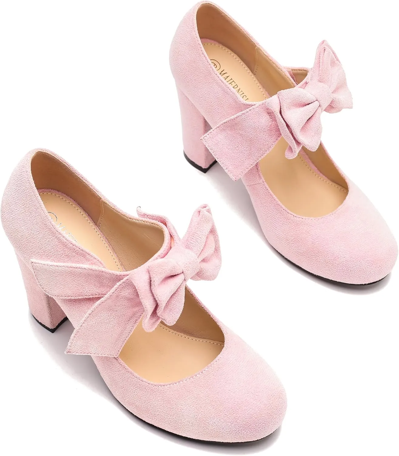 MAIERNISI JESSI Women's Bowknot Mary Jane Block Heel Round Pumps Closed Toe Dress Shoes