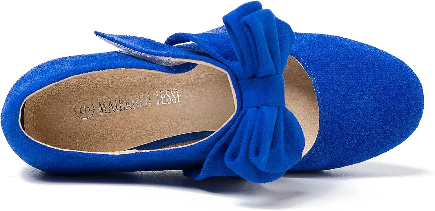 MAIERNISI JESSI Women's Bowknot Mary Jane Block Heel Round Pumps Closed Toe Dress Shoes