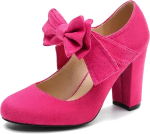 MAIERNISI JESSI Women's Bowknot Mary Jane Block Heel Round Pumps Closed Toe Dress Shoes